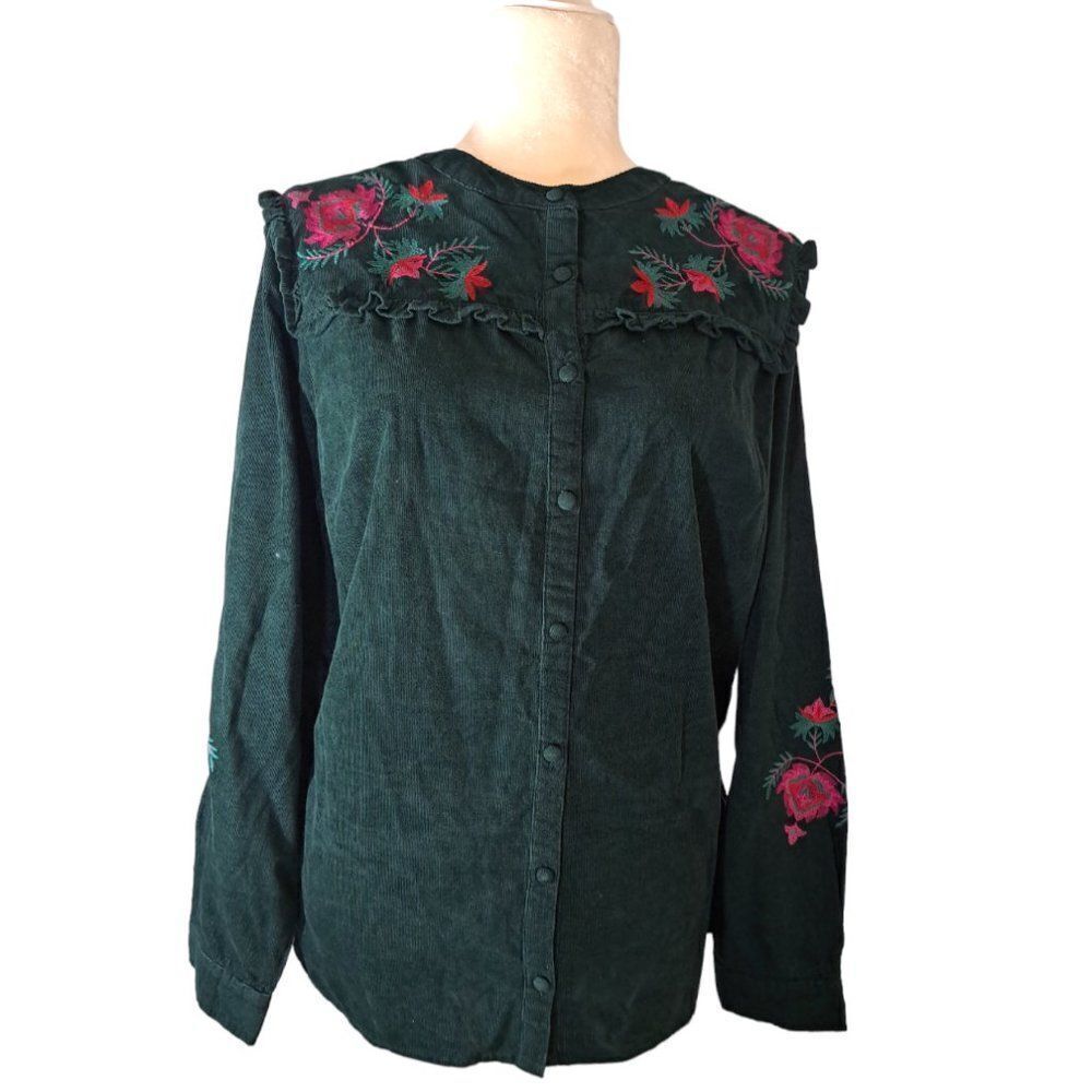 Monsoon Women's Long Sleeves Forest Green Embroidered Top Corduroy sz Medium